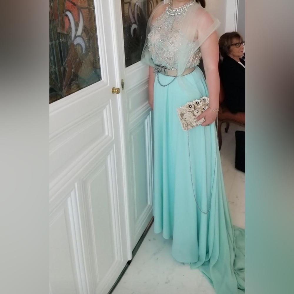 Terani Couture Blue Rhinestone Prom Dress Size 12 Backless - Picture 4 of 10